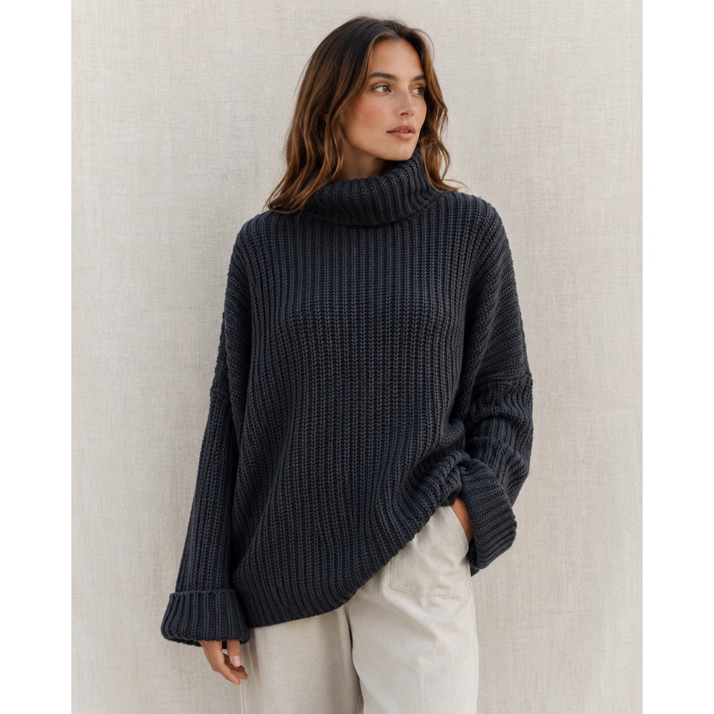 Moda Int' Cotton Oversized Black Chunky Ribbed Turtleneck Sweater‎ Womens Large